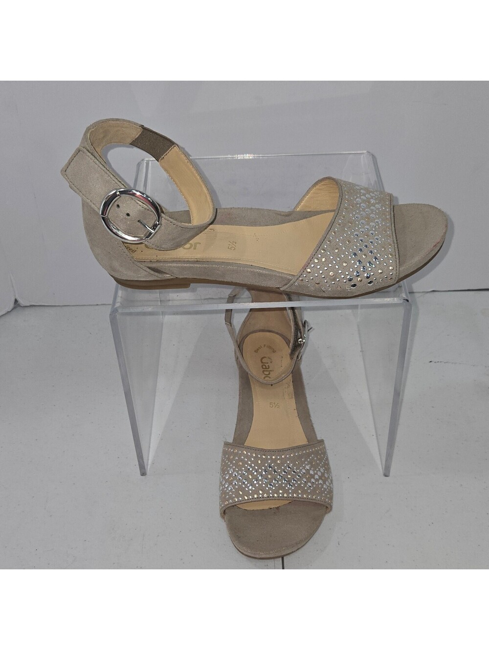 Gabor Womens Flat Sandals Rhinestone Suede Ankle Strap Taupe Beige 5.5 UK / 8 US